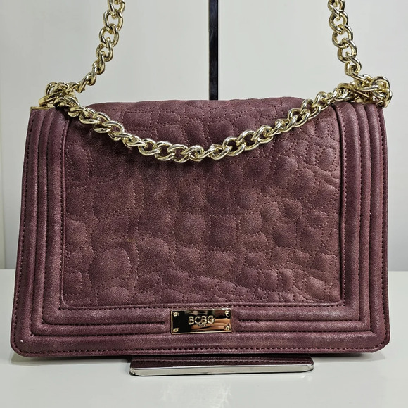 BCBG Paris Carmen Large Textured Leather Chain Shoulder Handbag Mauve Purple - Picture 5 of 15
